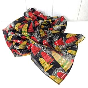 Vintage Christmas Scarf Bells Christmas Tree Red Gold Black With Sparkly Thread